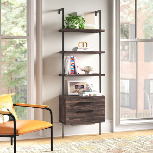 Steel Ladder Bookcase Perfect Place for Books, Plants, Bar Essentials, or Anything you Want to Display Two Drawers Provide Space