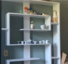 White Geometric Bookcase Perfect for Display Framed Photos, Potted Plants  Eight Tiers of Different Height Space Saving