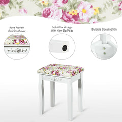 Vanity Wood Dressing Stool Padded Piano Seat with Rose Cushion