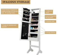 Mirrored Jewelry Cabinet Armoire Organizer with LED Lights 7 Hooks, 40 Ring Slots, 16 Lipstick Slots, 4 Storage Racks Full Size Mirror