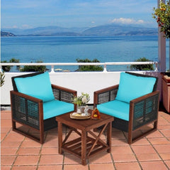 Turquoise 3 Pcs Patio Wicker Furniture Sofa Set with Wooden Frame and Cushion Coffee Table with 2 Shelves Provides Sufficient Storage Space