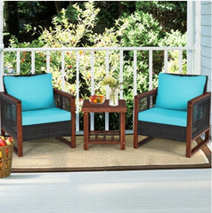 Turquoise 3 Pcs Patio Wicker Furniture Sofa Set with Wooden Frame and Cushion Coffee Table with 2 Shelves Provides Sufficient Storage Space