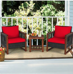 Red 3 Pcs Patio Wicker Furniture Sofa Set with Wooden Frame and Cushion Coffee Table with 2 Shelves Provides Sufficient Storage Space