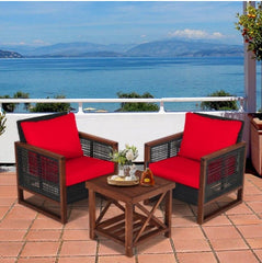 Red 3 Pcs Patio Wicker Furniture Sofa Set with Wooden Frame and Cushion Coffee Table with 2 Shelves Provides Sufficient Storage Space