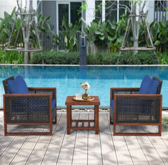 3 Pcs Patio Wicker Furniture Sofa Set with Wooden Frame and Cushion Coffee Table with 2 Shelves Provides Sufficient Storage Space