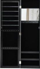 Wall Door Mounted Mirrored Jewelry Cabinet Organizer 6 Lines for Finger Earring, 1 make-up Mirror, 40 Ring Slots, 25 Hooks, 3 Storage Racks