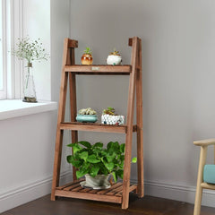 3-Tier Folding Wood Plant Stand Freestanding Plant Shelf Can Also Be Used as an Organizing Shelf, Shoes Storage Shelf and Bathroom Shelf