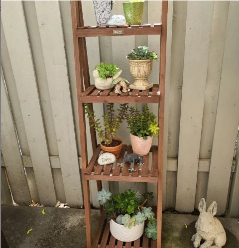 4-Tier Folding Wood Plant Stand Plant Shelf Can Also Be Used as an Organizing Shelf, Shoes Storage Shelf and Bathroom Shelf