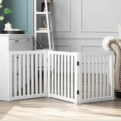 White Wooden Freestanding Pet Gate Foldable Perfect for Use in Front of Stairs, Kitchens, Balconies, Bathrooms, Bedrooms, Entrances, Hallway