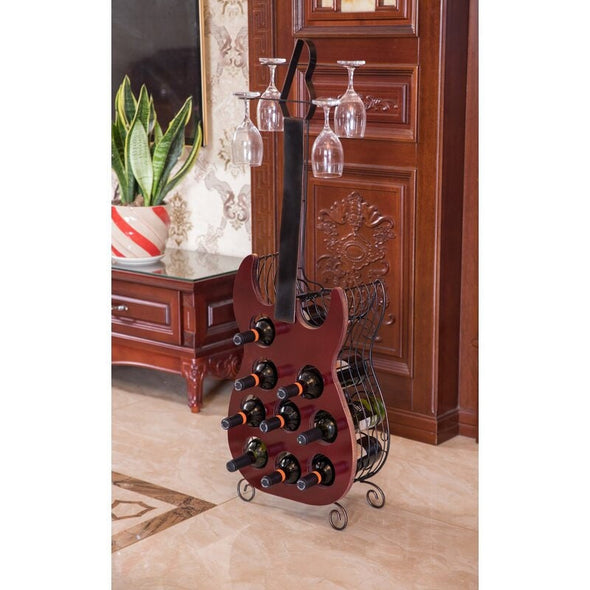 Guitar Shape Rack Vintage 9 Bottle Floor Wine Bottle & Glass Rack Freestanding Design Keeps The Wine Stand Steady