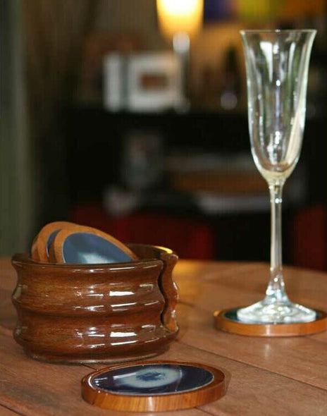 7 Piece Coaster Set with Holder Dyed Blue Agate Mirrors Hand-Crafted Coasters Protect Table. Perfect for Tabletop