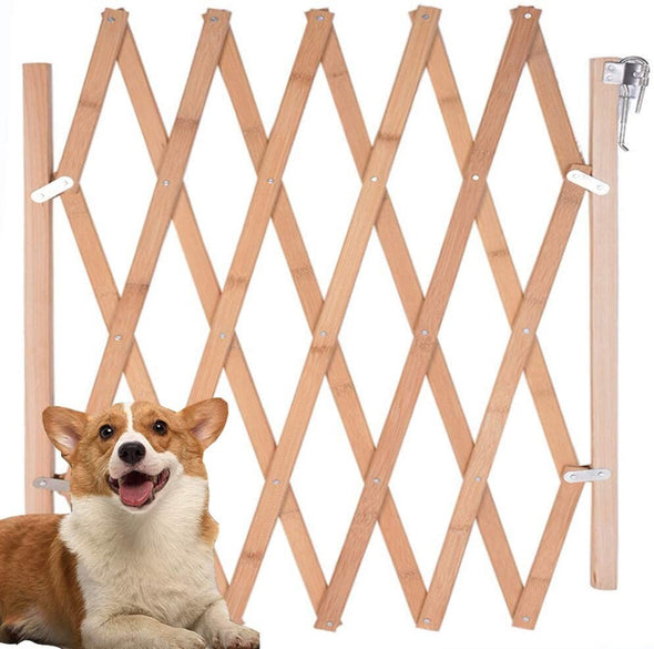 Expandable Accordion Dog Gate, Wooden Accordian Expansion Dog Gate for Doorway Stairs, Retractable Gate Safety Protection