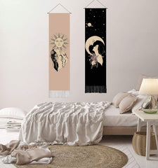 2 Pack Bohemian Sun & Moon Tapestry Wall Hanging Aesthethic Vertical Decor w/ Fringe 13x53