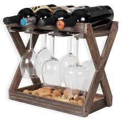 4 Bottle Solid Wood Tabletop Wine Bottle & Glass Rack in Torched Brown Bottle Holders and Stemware Racks