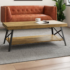 Natural Pine Brown Coffee Table with Storage Solid Pine Planked top Solid Steel with Angled Legs, Cross-Bracing