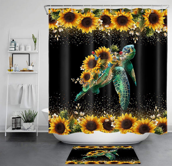 Funny  Turtle Shower Curtain Sunflower Vintage Floral Spring Flower Ocean  Shower Curtain Set with 12 Hooks Polyester Waterproof 69X70Inch