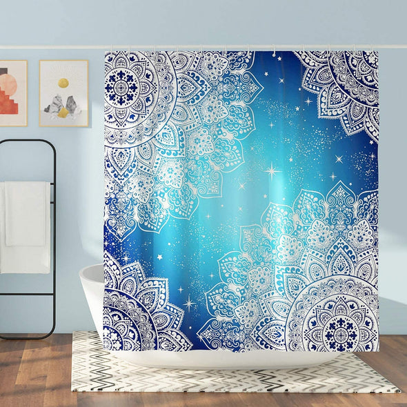 72" Blue Mandala Shower Curtain w/ 12 Rust-Resistant Metal Double Glide Shower Hooks