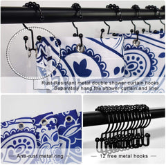 72" Blue Mandala Shower Curtain w/ 12 Rust-Resistant Metal Double Glide Shower Hooks