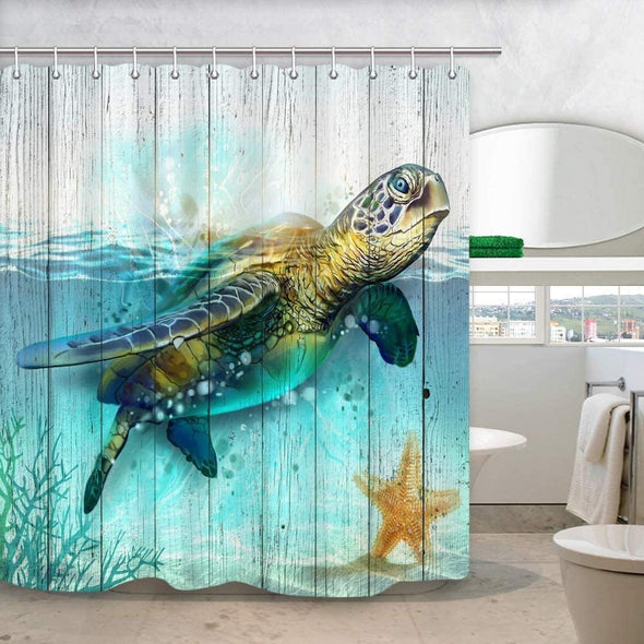 Sea Turtle Shower Curtain for Bathroom, Underwater World Ocean Animal Sea Tortoises Coral and Aquatic Plant on Rustic Wooden Boards Bath Cur