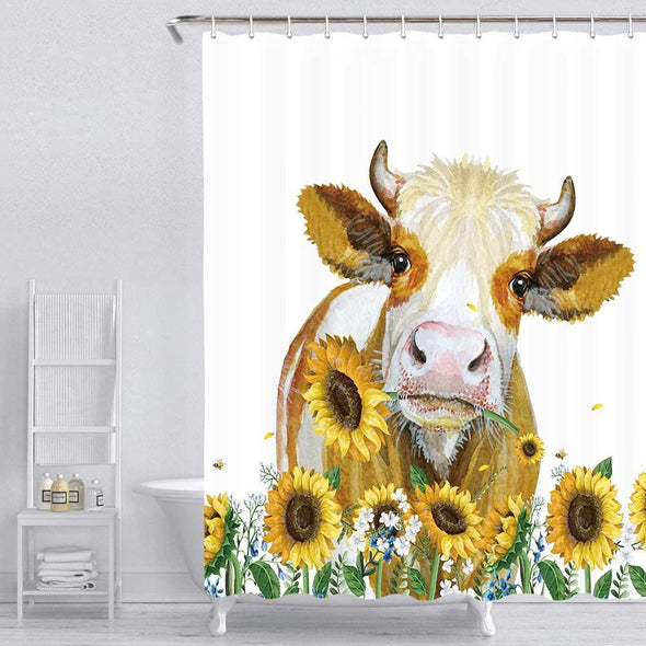 Shower Curtain, Farm Animals Cow Design, Sunflower with Funny Cow 12 Hooks Included