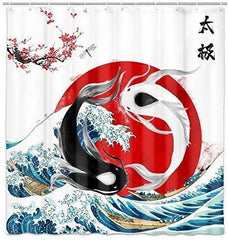 Funny Big Wave Shower Curtain, Two Goldfish Koi Fish Leaf in Blue Great Sea Wave Surf Waterproof Fabric Bathroom Decor Shower Curtain Set wi