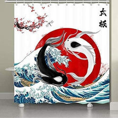 Funny Big Wave Shower Curtain, Two Goldfish Koi Fish Leaf in Blue Great Sea Wave Surf Waterproof Fabric Bathroom Decor Shower Curtain Set wi