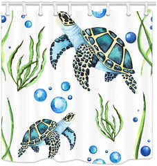 Nautical Bath Curtain Ocean Marine Animals Turtle Underwater With Hooks 69"x70" Inch