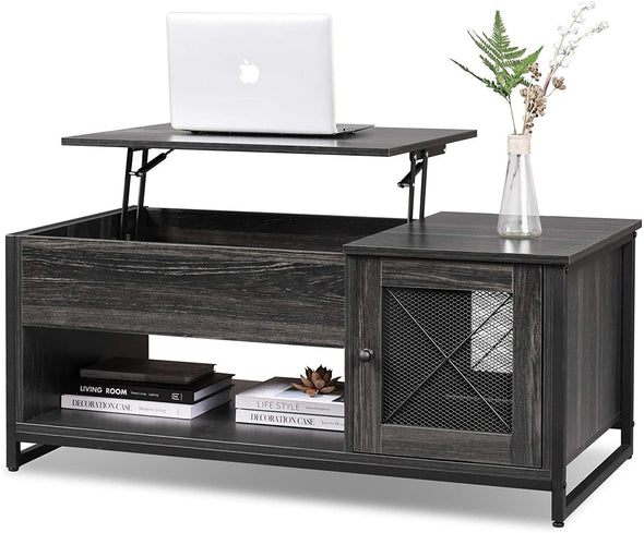 Lift Top Coffee Table, 3-Tier Cocktail Table, Metal Mesh Cabinet Door with Hidden Compartment for Living Room, Home, Office