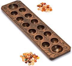 Mancala Set with Wooden Board and Quartz Pebble Playing Pieces, Natural Wood features a beautifully detailed motif