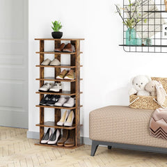 Rustic Brown Double Rows 7-tier Shoe Rack Vertical Entryway Shoe Shelf In Seven Open Shelves Provide Ample Storage Space for Shoes Organized