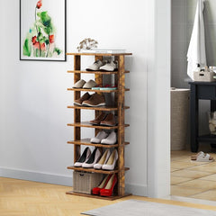 Rustic Brown Double Rows 7-tier Shoe Rack Vertical Entryway Shoe Shelf In Seven Open Shelves Provide Ample Storage Space for Shoes Organized