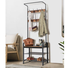 Standing Coat Rack Shoe Bench, Hall Tree Entryway Storage Bench, Multifunctional Storage Rack for Bedroom Living Room, Rustic Brown