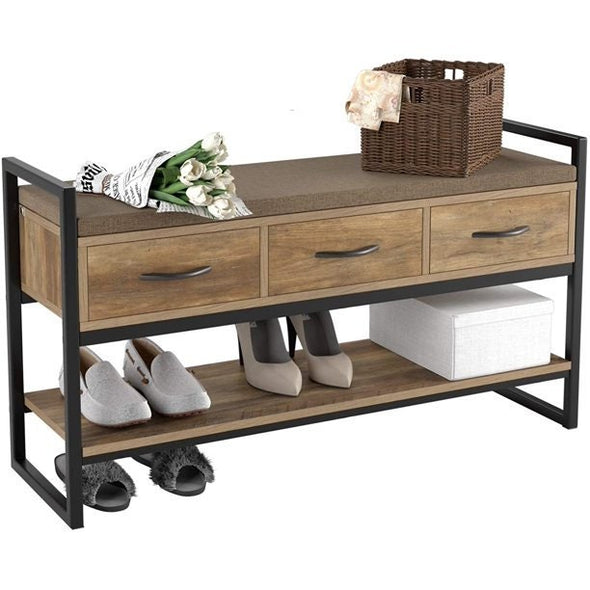 Shoe Rack, 2 Tiers Storage Shelf with 3 Drawers and Padded Cushion for 5 Pair of Shoes, Rustic Brown Finish