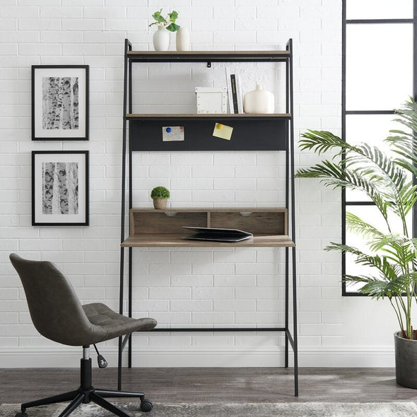 Gray Wash Ladder Desk with Open Sides and An Open Back Two Upper Shelves Provide Perfect Platforms for Displaying Books, Framed Photos