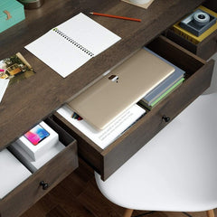 Dark Brown Reversible Desk Reversible Home Office Desk Provide Additional Storage Space to Help your Desktop Be Organized 3 Hidden Cubbies