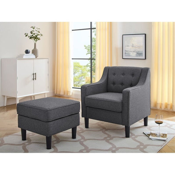 Tufted Armchair and Ottoman with Tall Legs that Provide Comfort and Style. Paired with the Ottoman, this Comfortable Set