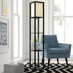 Column Floor Lamp Wood Shelves to Store Framed Family Photos, Books, and Beyond. Up Above, a Single 100 W Medium-Base Bulb