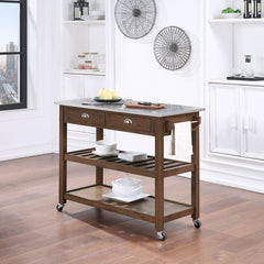 Chestnut Wire-Brush Solid Wood Kitchen Cart with Stainless Steel Top and Locking Wheels Two Drawers and Two Shelves that Provide