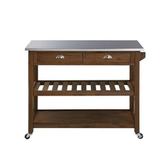 Chestnut Wire-Brush Solid Wood Kitchen Cart with Stainless Steel Top and Locking Wheels Two Drawers and Two Shelves that Provide