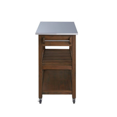 Chestnut Wire-Brush Solid Wood Kitchen Cart with Stainless Steel Top and Locking Wheels Two Drawers and Two Shelves that Provide