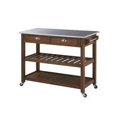 Chestnut Wire-Brush Solid Wood Kitchen Cart with Stainless Steel Top and Locking Wheels Two Drawers and Two Shelves that Provide