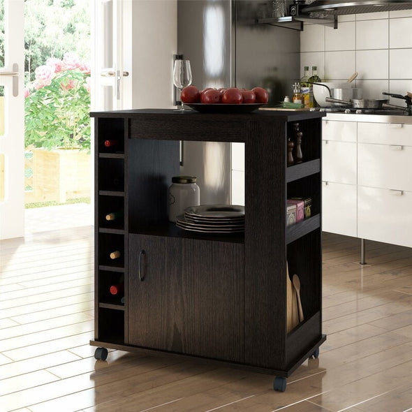 Espresso Kitchen Cart with Locking Wheels Open Shelf and Bottom Cabinet Kitchen Cart Provides the Extra Room you Need