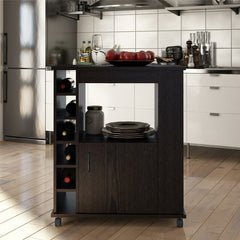 Espresso Kitchen Cart with Locking Wheels Open Shelf and Bottom Cabinet Kitchen Cart Provides the Extra Room you Need