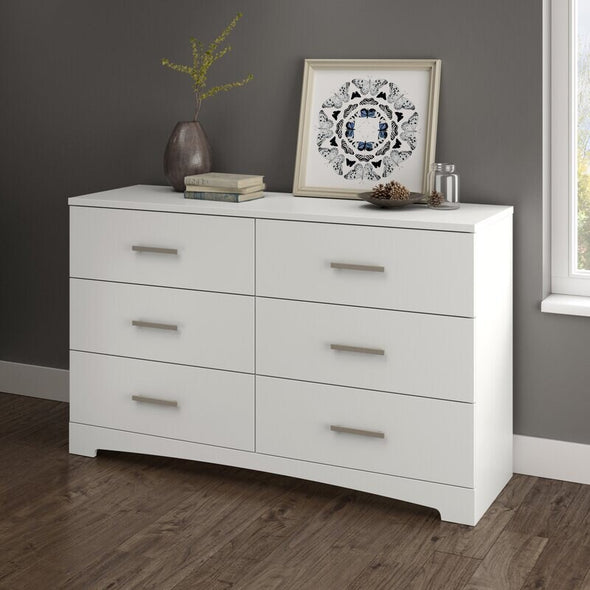 White 6 Drawer Double Dresser Storage And Organization Featuring 6 Large Drawers with Straight Metal Pull Handles