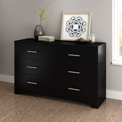 Pure Black  6 Drawer Double Dresser Storage And Organization Featuring 6 Large Drawers with Straight Metal Pull Handles