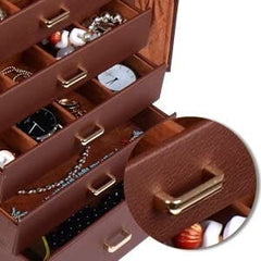 Leather Jewelry Box Case Storage Brown 5 Removable Drawers For Maximum Jewelry Storage. The Deeper Bottom Drawer Has Only One Compartment