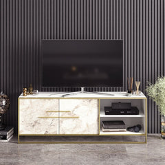 White TV Stand for TVs up to 70" Two Cabinet Doors Open with Elegant Metal Handles To Reveal An Interior Space with A Shelf for Storing DVDs