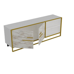 White TV Stand for TVs up to 70" Two Cabinet Doors Open with Elegant Metal Handles To Reveal An Interior Space with A Shelf for Storing DVDs