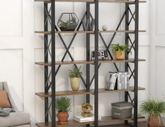 Double Wide 5-Shelf Bookshelf, Rustic Industrial Display Shelves Contemporary Design Meets Rustic Industrial Style - Brown