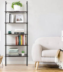 5-Shelf Wood Ladder Bookcase with Metal Frame Modern Tall Display Shelf Racks - Brown Perfect Storage for Any Space, Like Living Room